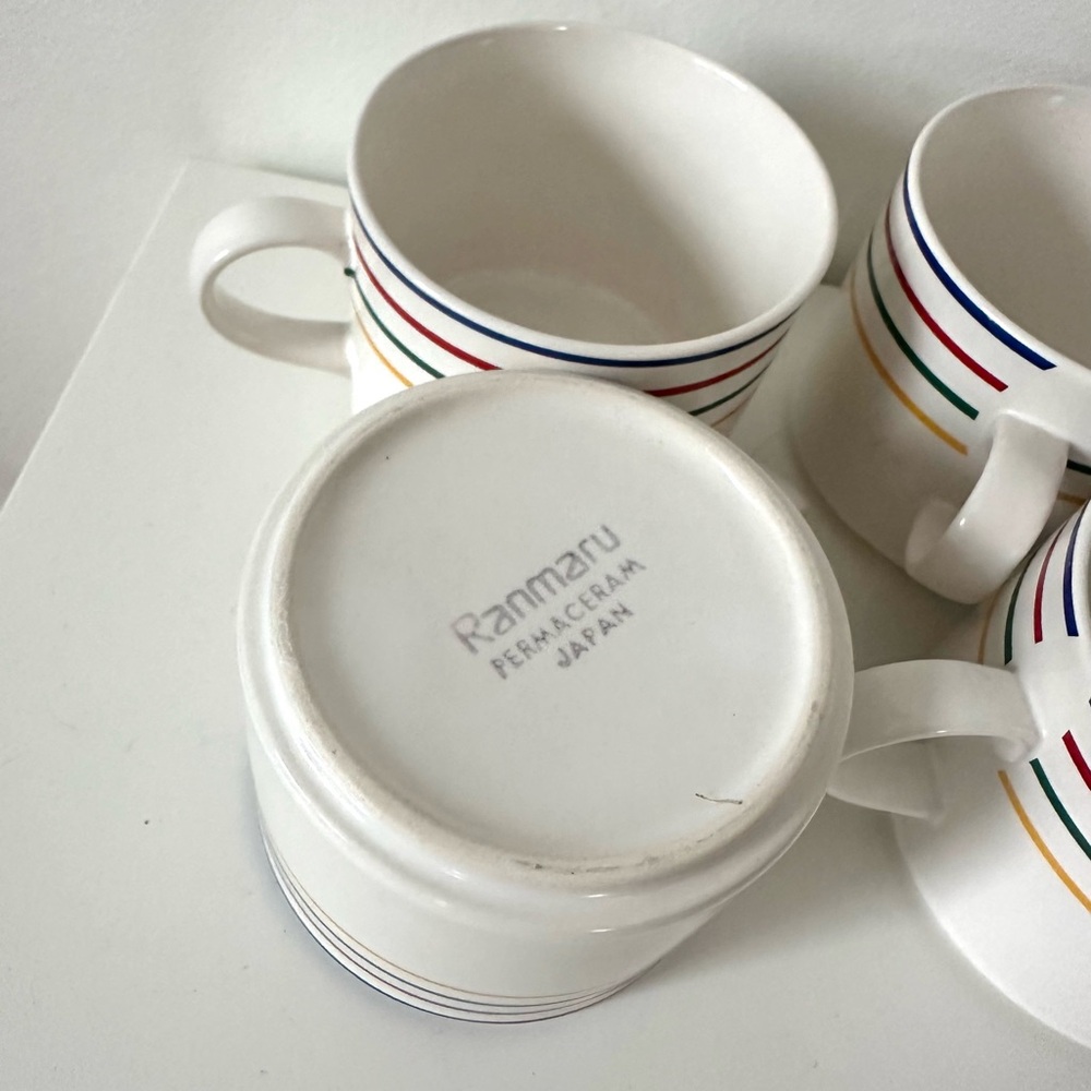 Ranmaru White Ceramic Mugs with Blue, Red, Green & Yellow Stripes - Set of 4 - Picture 3 of 4
